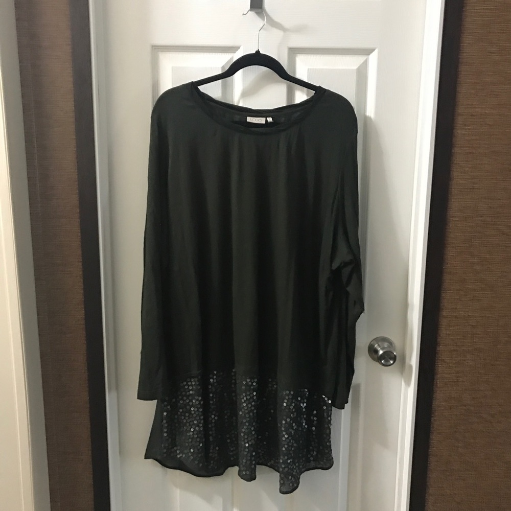 LOGO Lori Goldstein Green Sequins LS Tunic Top 3X